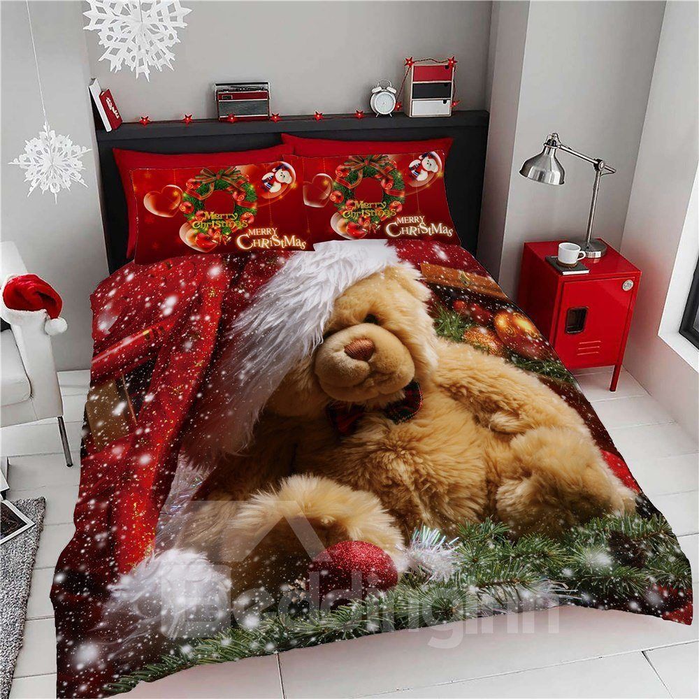 Brown Bear Wearing Christmas Hat Bedding Set