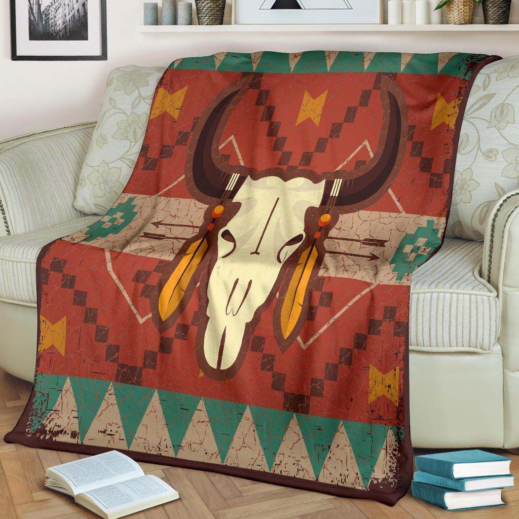 Brown Bison Skull Native American Sherpa Fleece Blanket