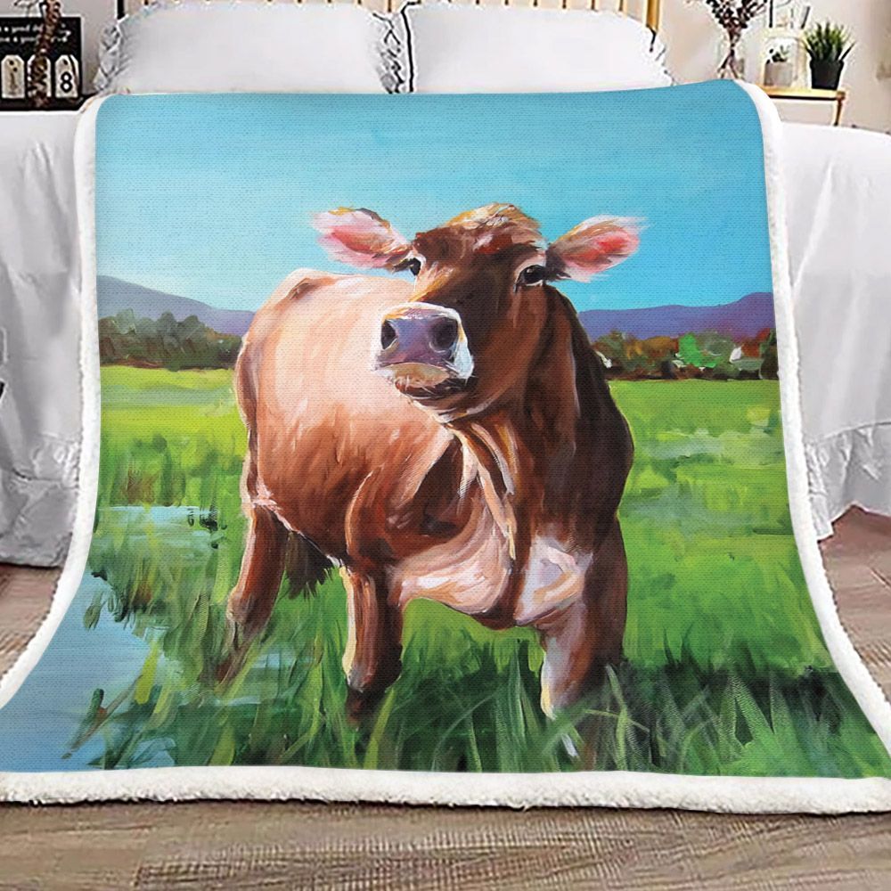 Brown Cow And Green Field Sherpa Fleece Blanket