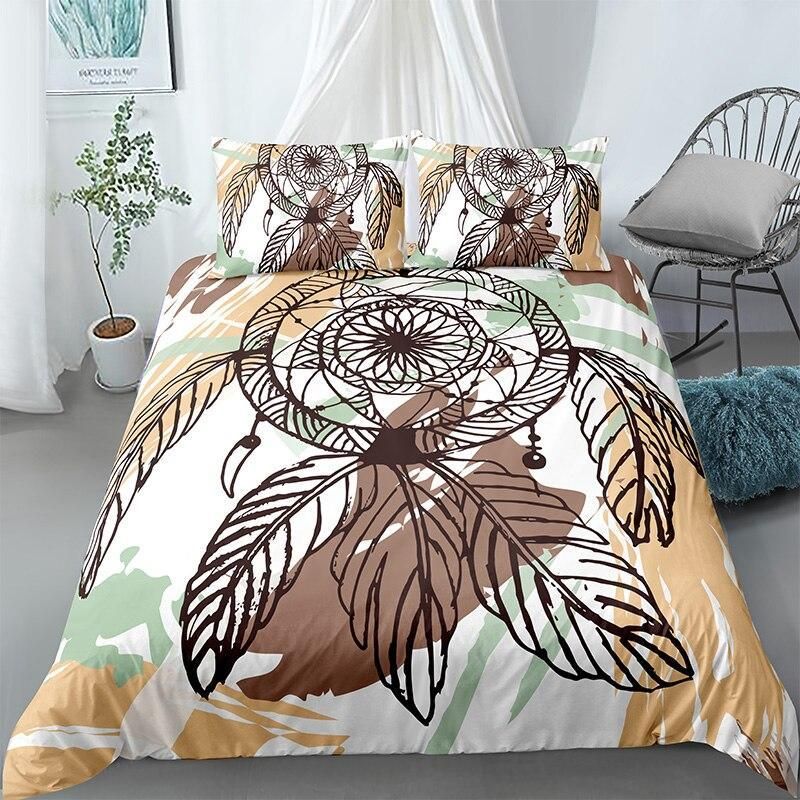 Brown Dreamcatcher Feather Art Bedding Set