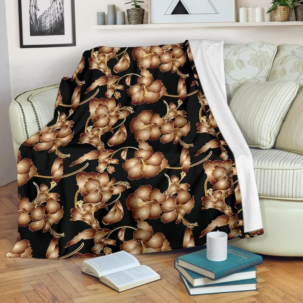 Brown Hibiscus Pattern Print Design Fleece Blanket