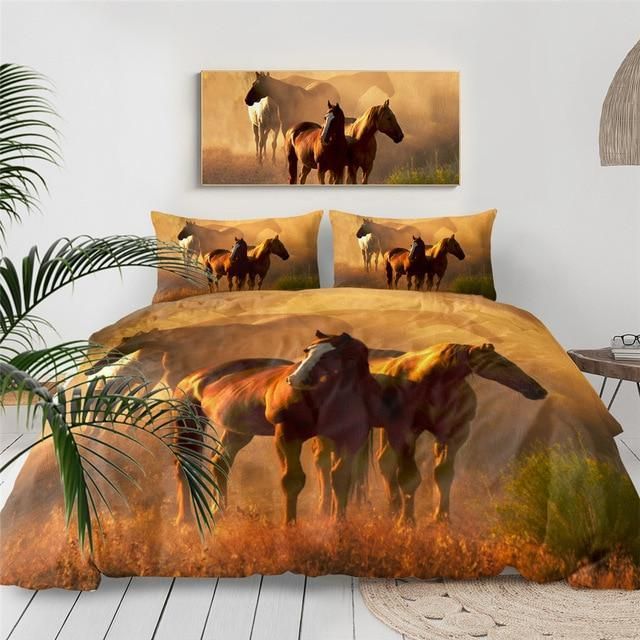 Brown Horse On Meadow With Sunshine 3D Printed Bedding Set