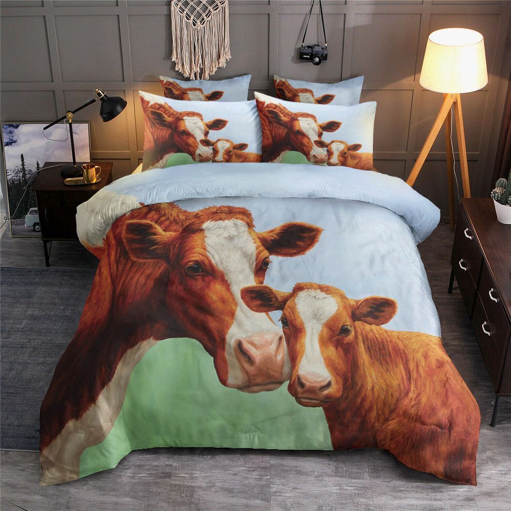 Brown Mom Cow And Her Baby Bedding Set