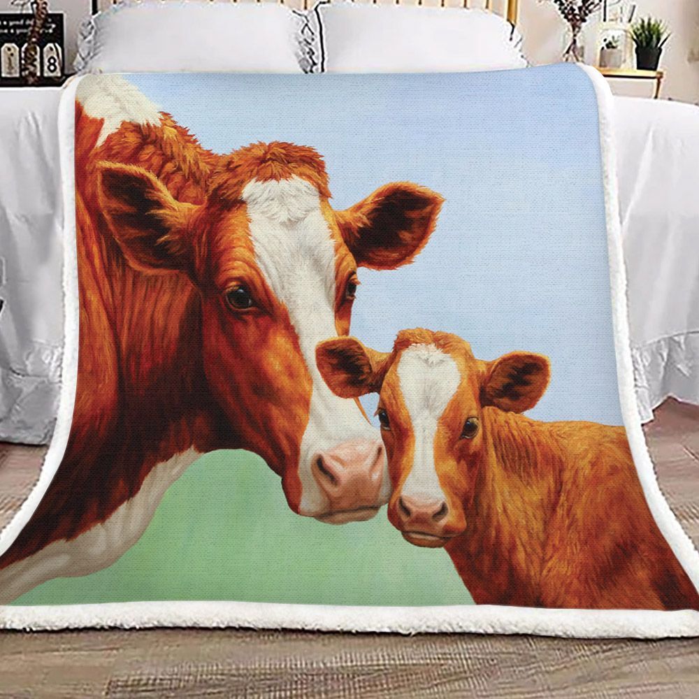 Brown Mom Cow And Her Baby Sherpa Fleece Blanket