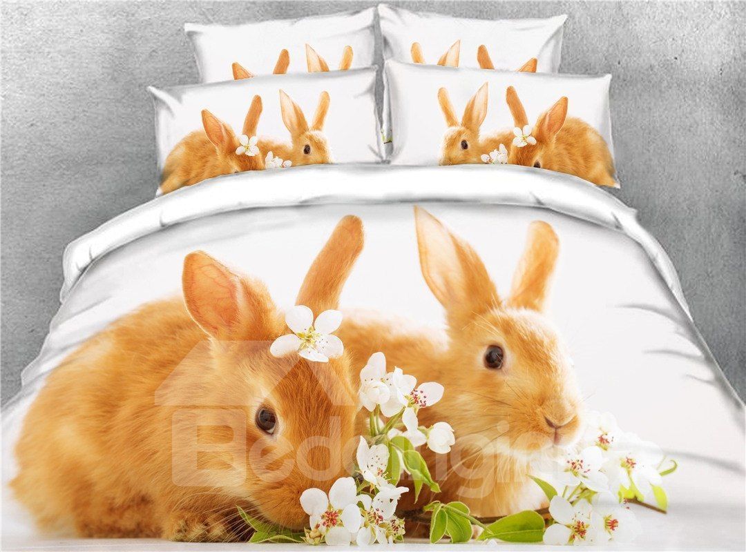 Brown Rabbits And Flower Bedding Set