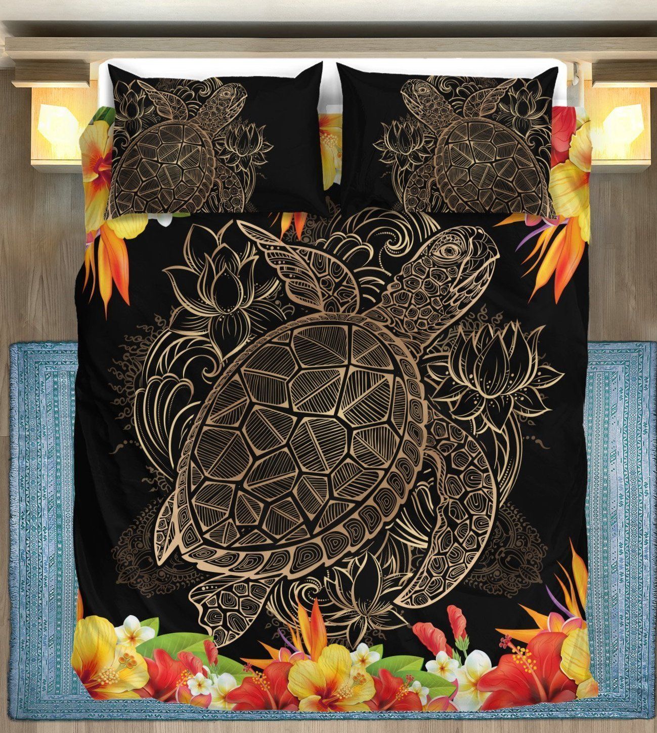 Brown Sea Turtle Hawaiian Flowers Bedding Set