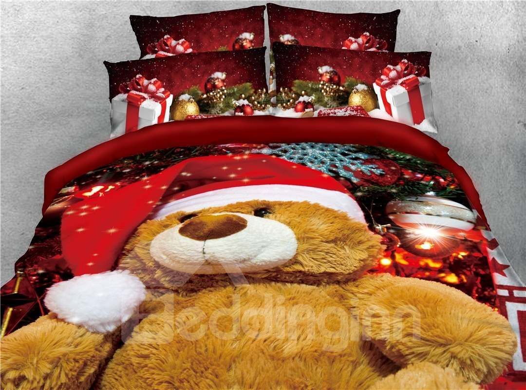 Brown Teddy Bear With Christmas Hat Bedding Set