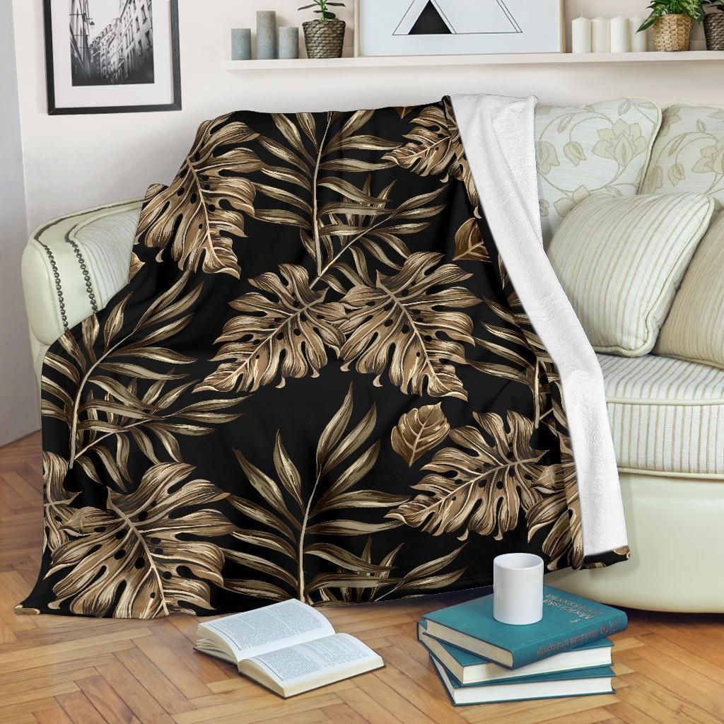 Brown Tropical Palm Leaves Printed Fleece Blanket