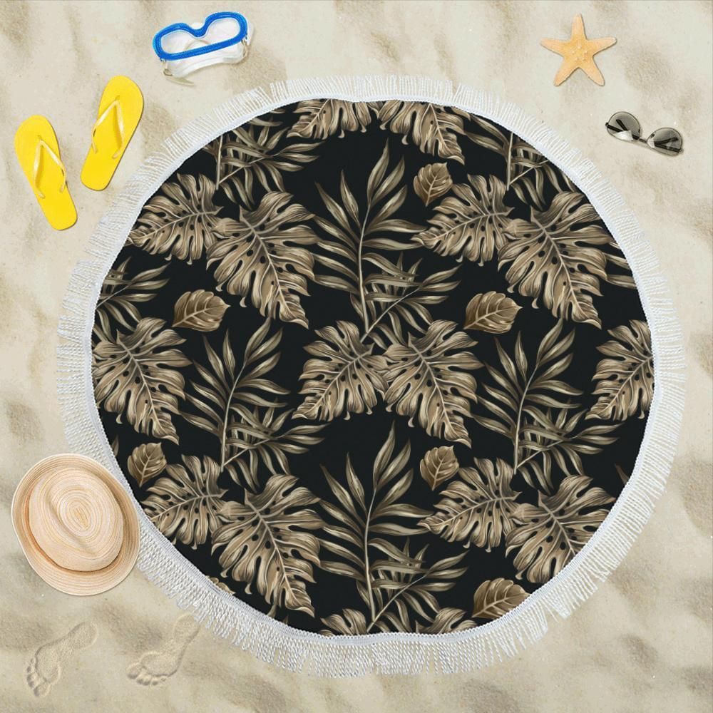 Brown Tropical Palm Leaves Printed Round Beach Towel