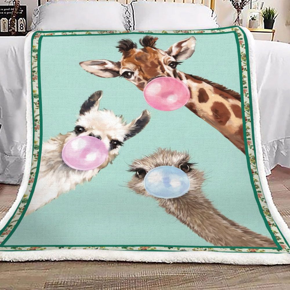 Bubble Gum Gang With Llama Giraffe And Ostrich Sherpa Fleece Blanket
