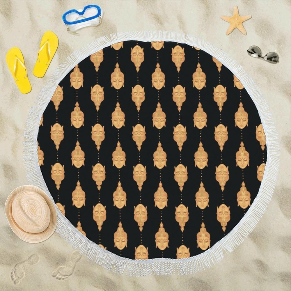 Buddha Head Gold Print Round Beach Towel