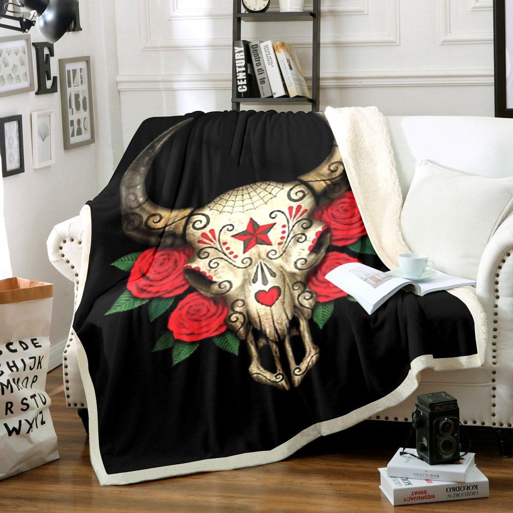 Bull Skull Roses Sherpa Fleece Blanket