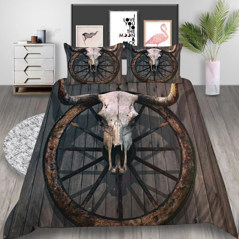 Bull Skull Wheel Vintage Bedding Set