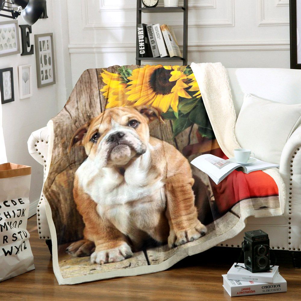 Bulldog Baby And Sunflower Sherpa Fleece Blanket