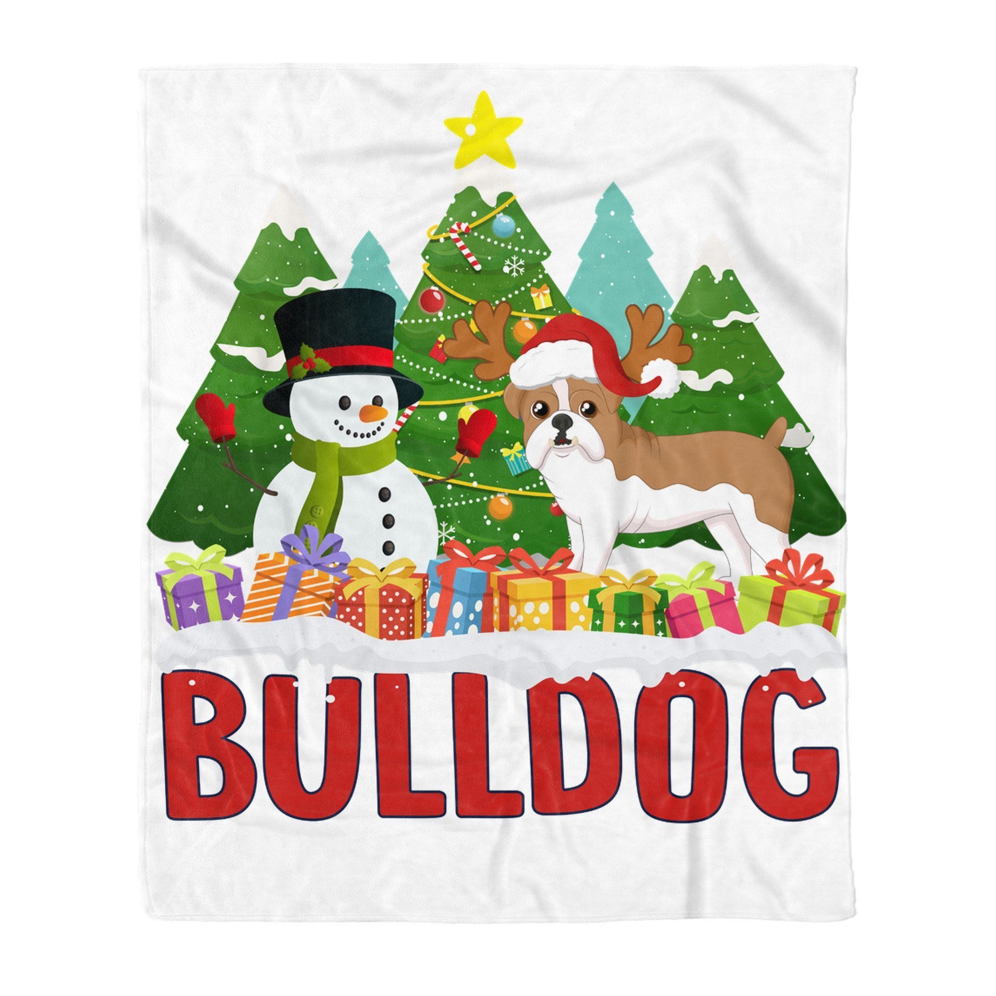 Bulldog Snowman Christmas Tree Sherpa Fleece Blanket