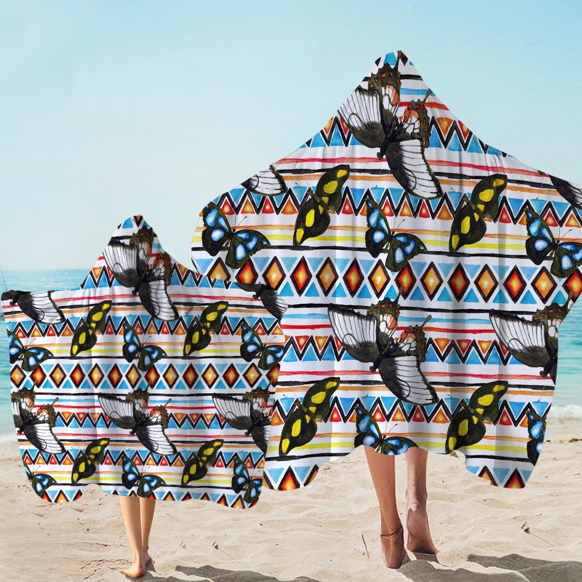 Butterflies Diamond Aztec Patterns Printed Hooded Towel