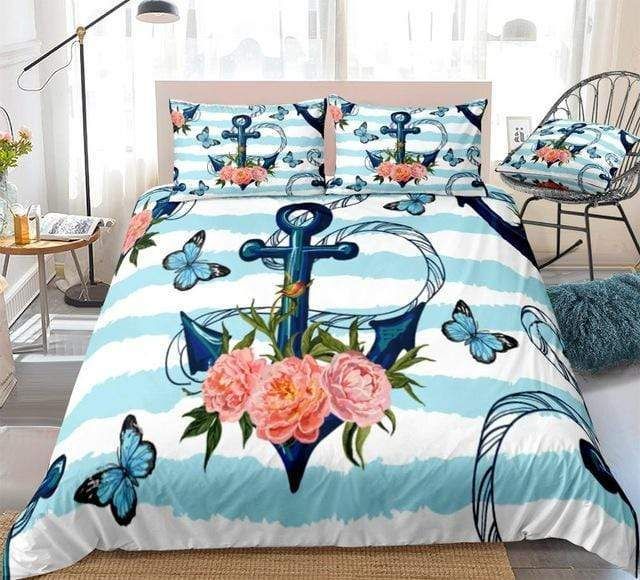 Butterflies Palm Leaves Blue Anchor Bedding Set