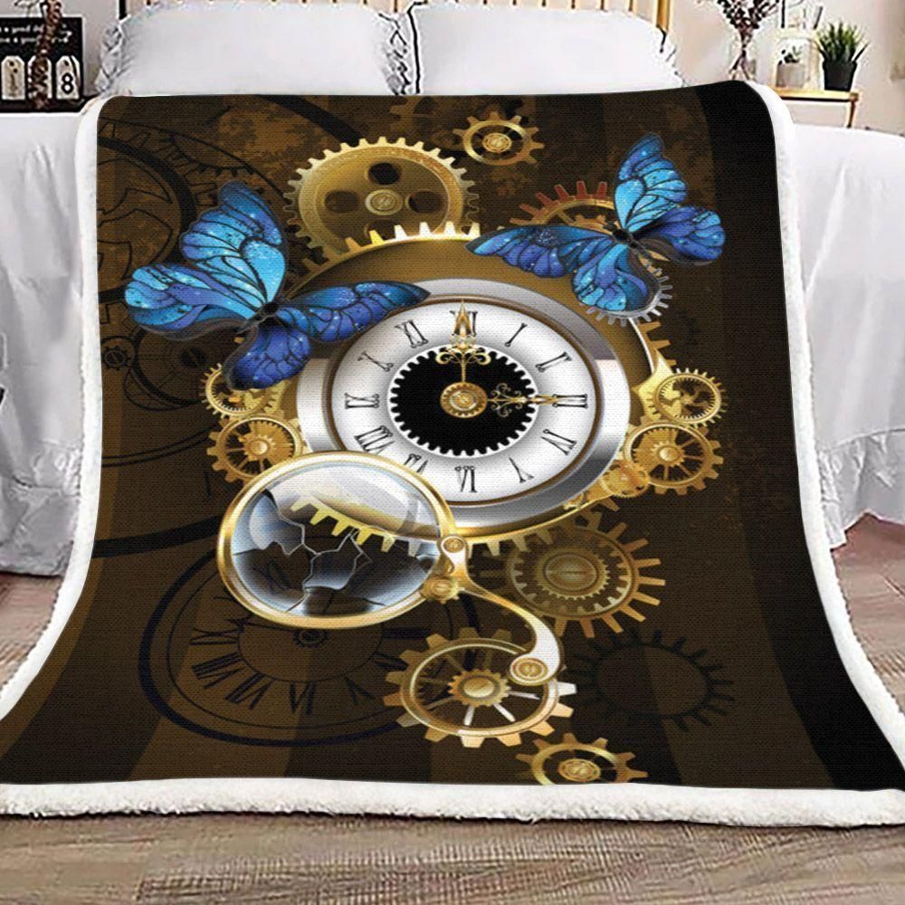 Butterflies With Clock Sherpa Fleece Blanket
