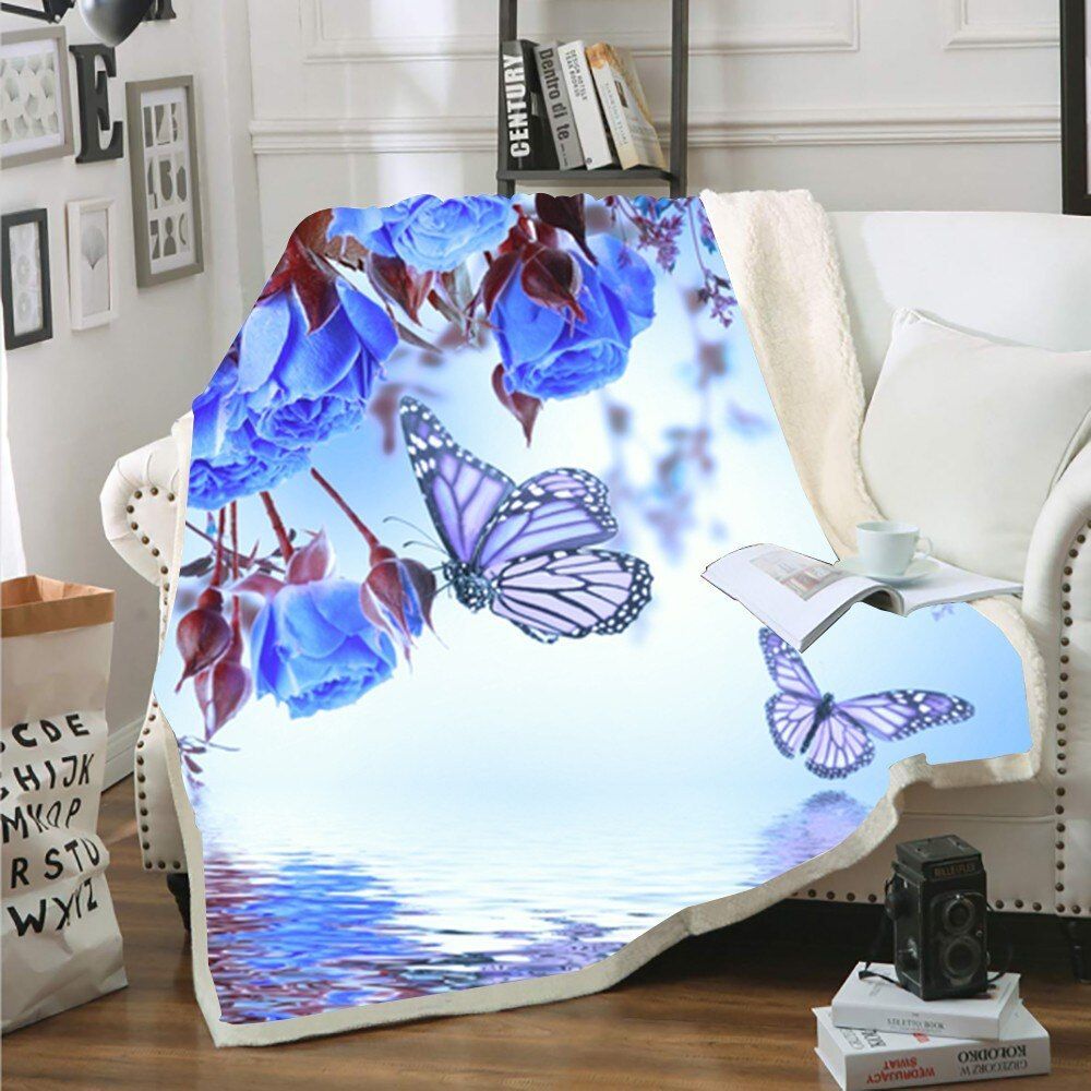 Butterfly And Blue Rose Sherpa Fleece Blanket
