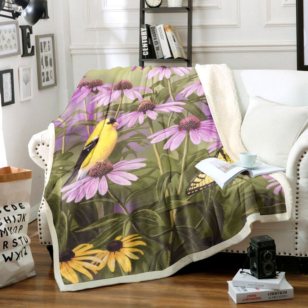 Butterfly And Finch Amongst Flowers Sherpa Fleece Blanket