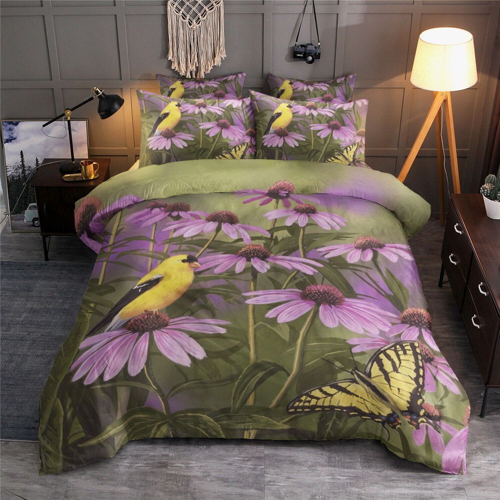 Butterfly And Finch Amongst Flowers Bedding Set