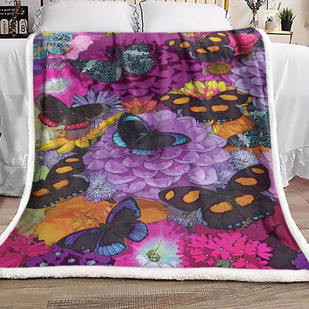 Butterfly And Flower Sherpa Fleece Blanket