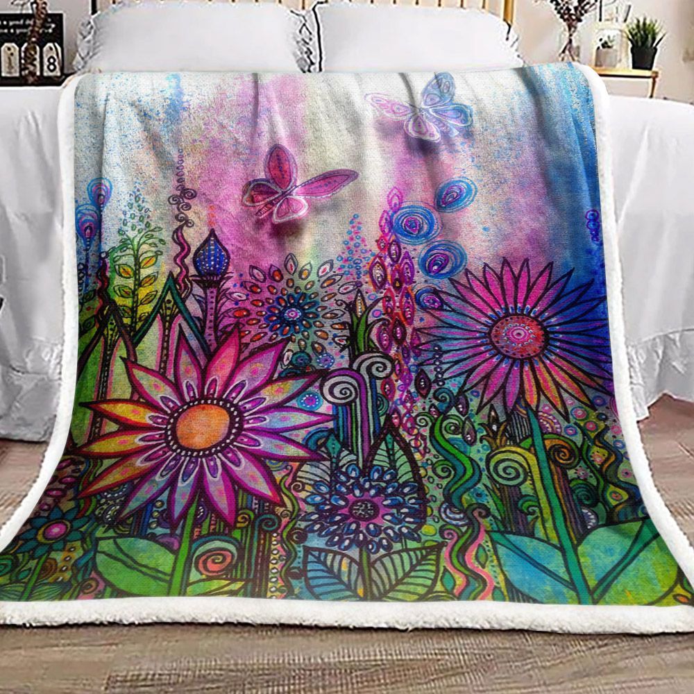 Butterfly And Flower Sherpa Fleece Blanket