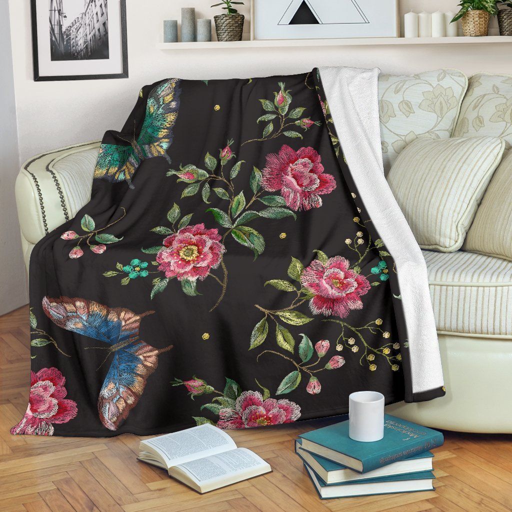 Butterfly And Flower Sherpa Fleece Blanket