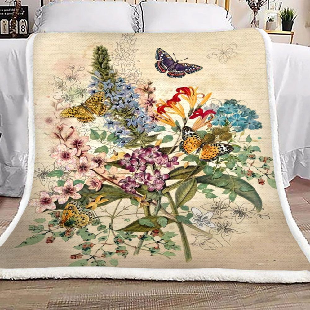 Butterfly And Flower Lavender Sherpa Fleece Blanket