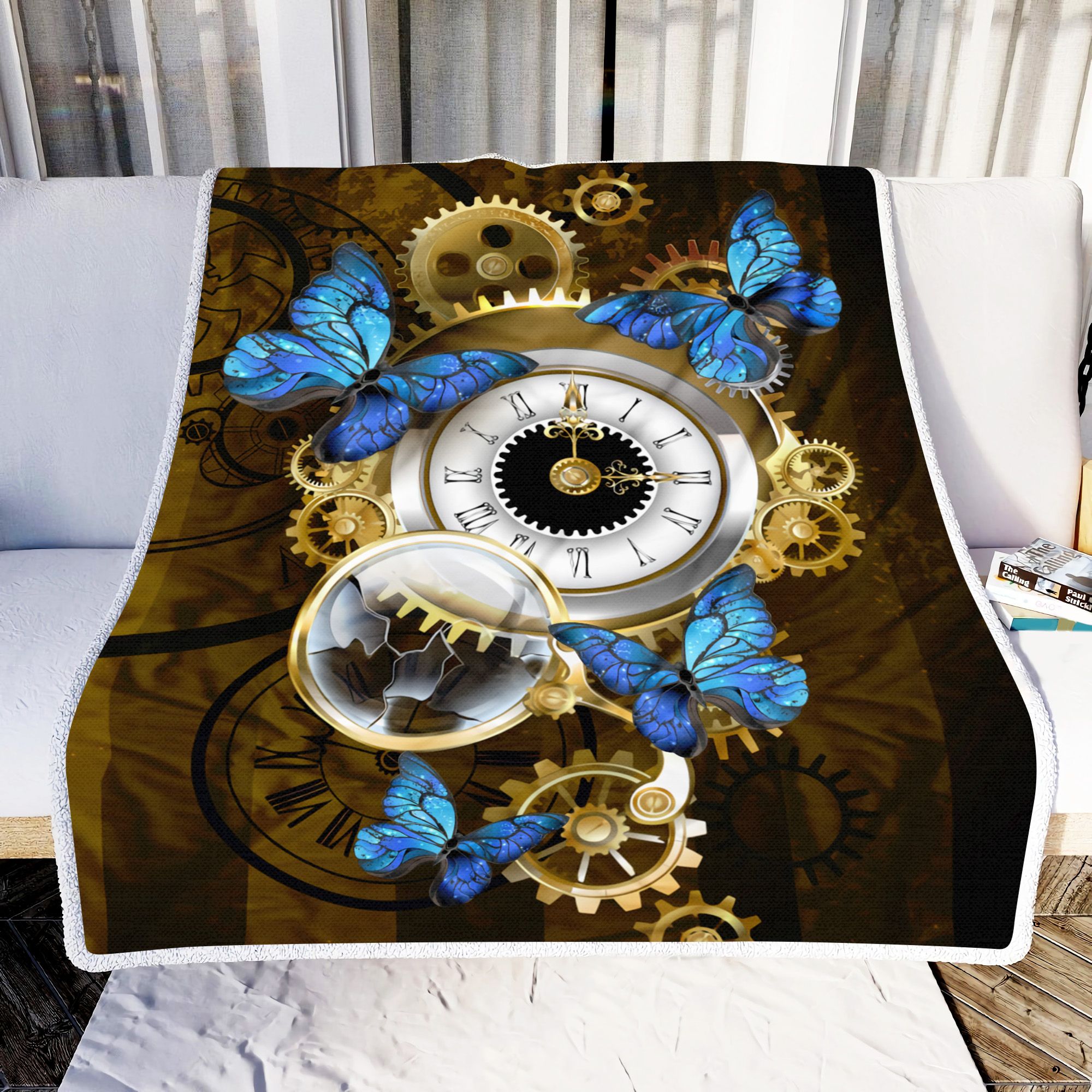 Butterfly And Gold Clock Fleece Blanket