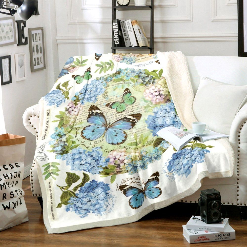 Butterfly And Hydrangea Sherpa Fleece Blanket