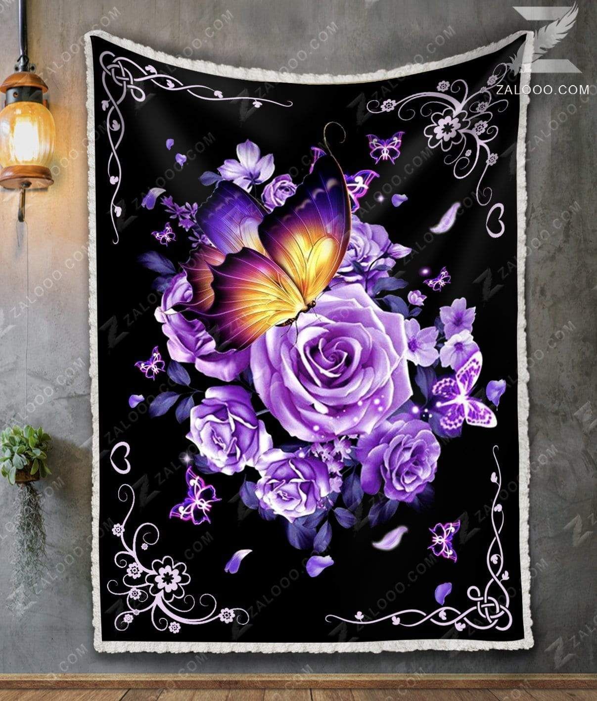 Butterfly And Purple Flowers Sherpa Fleece Blanket