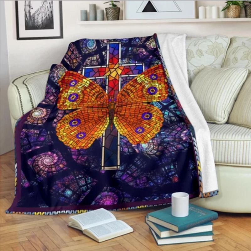 Butterfly And Stain Glass Cross Sherpa Fleece Blanket