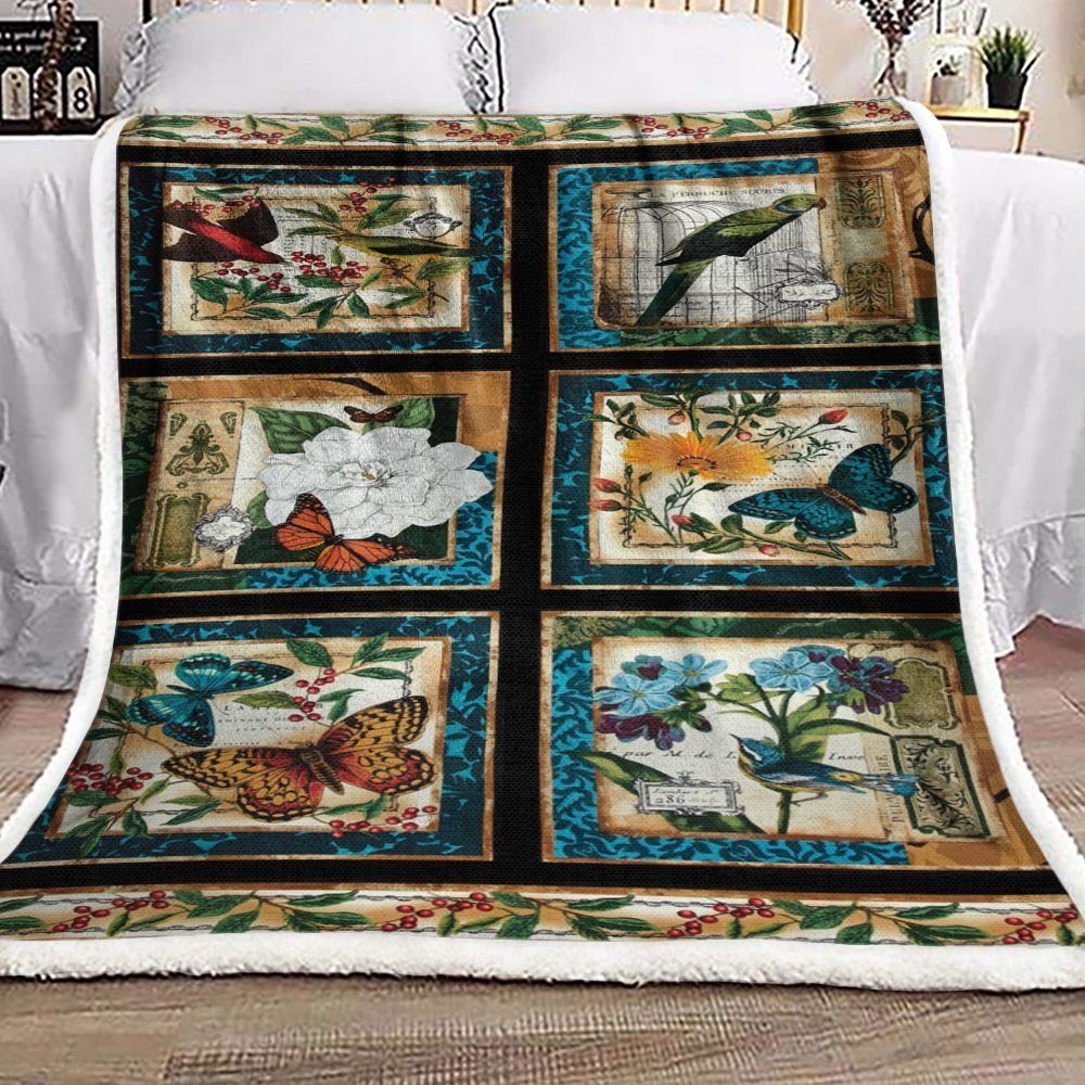 Butterfly Bird Flower Sherpa Fleece Blanket