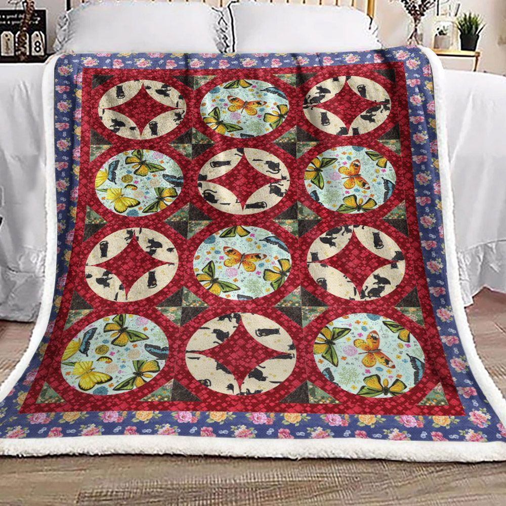 Butterfly Black Cat Sherpa Fleece Blanket