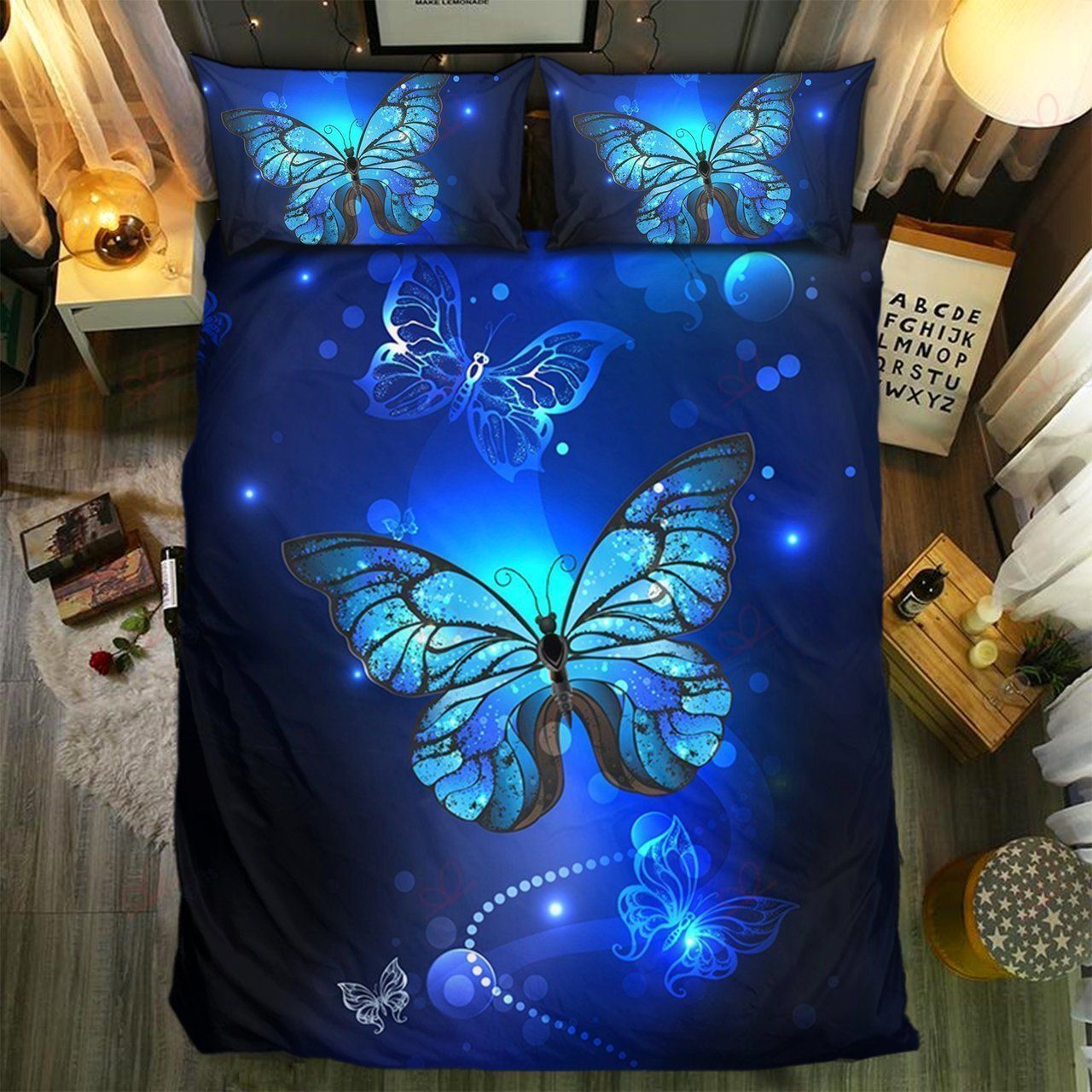 Butterfly Blue Galaxy Space Printed Bedding Set