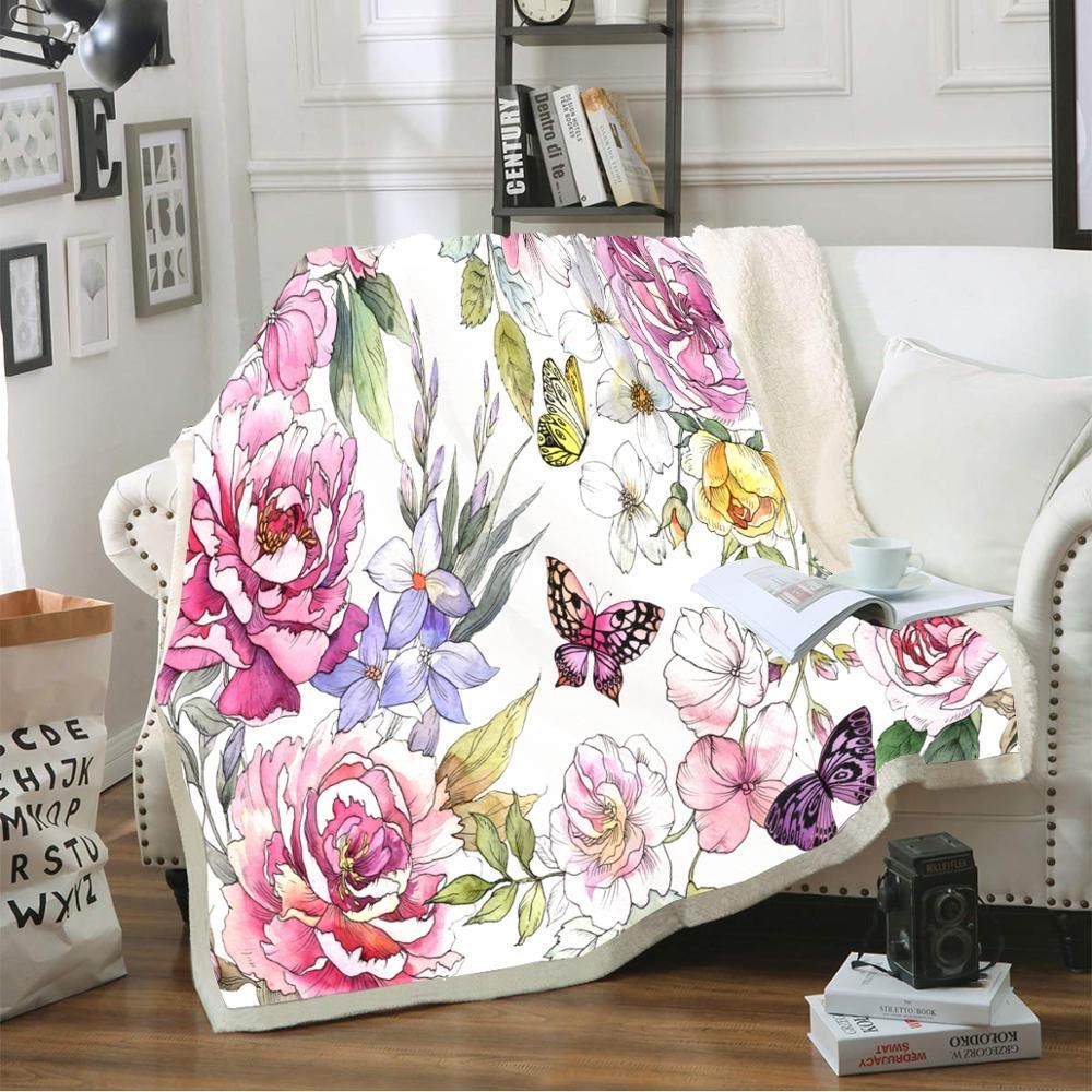Butterfly Flower Sherpa Fleece Blanket