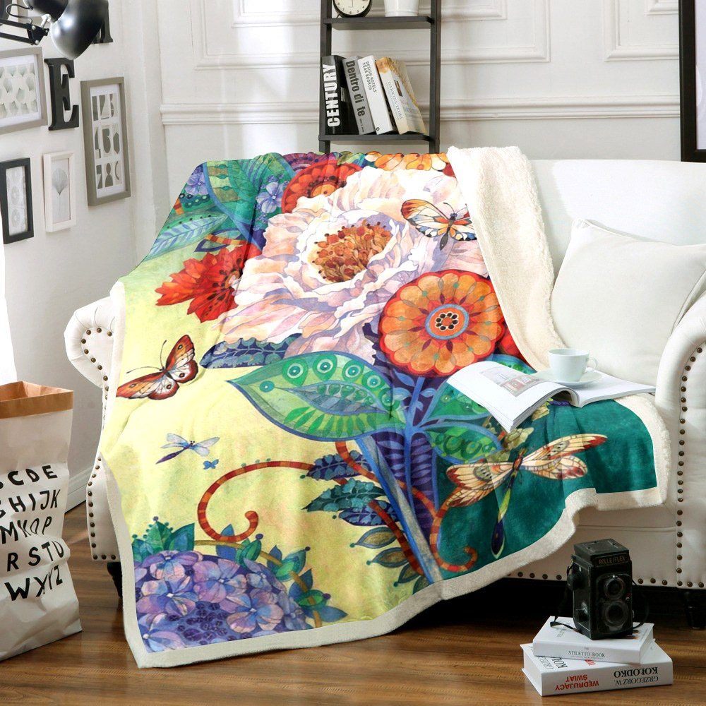 Butterfly Flower Sherpa Fleece Blanket