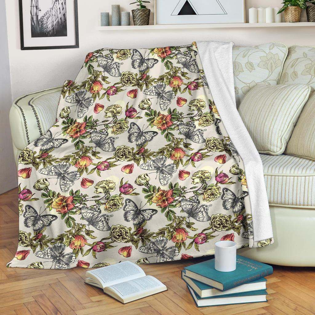 Butterfly Flower Pattern Sherpa Fleece Blanket