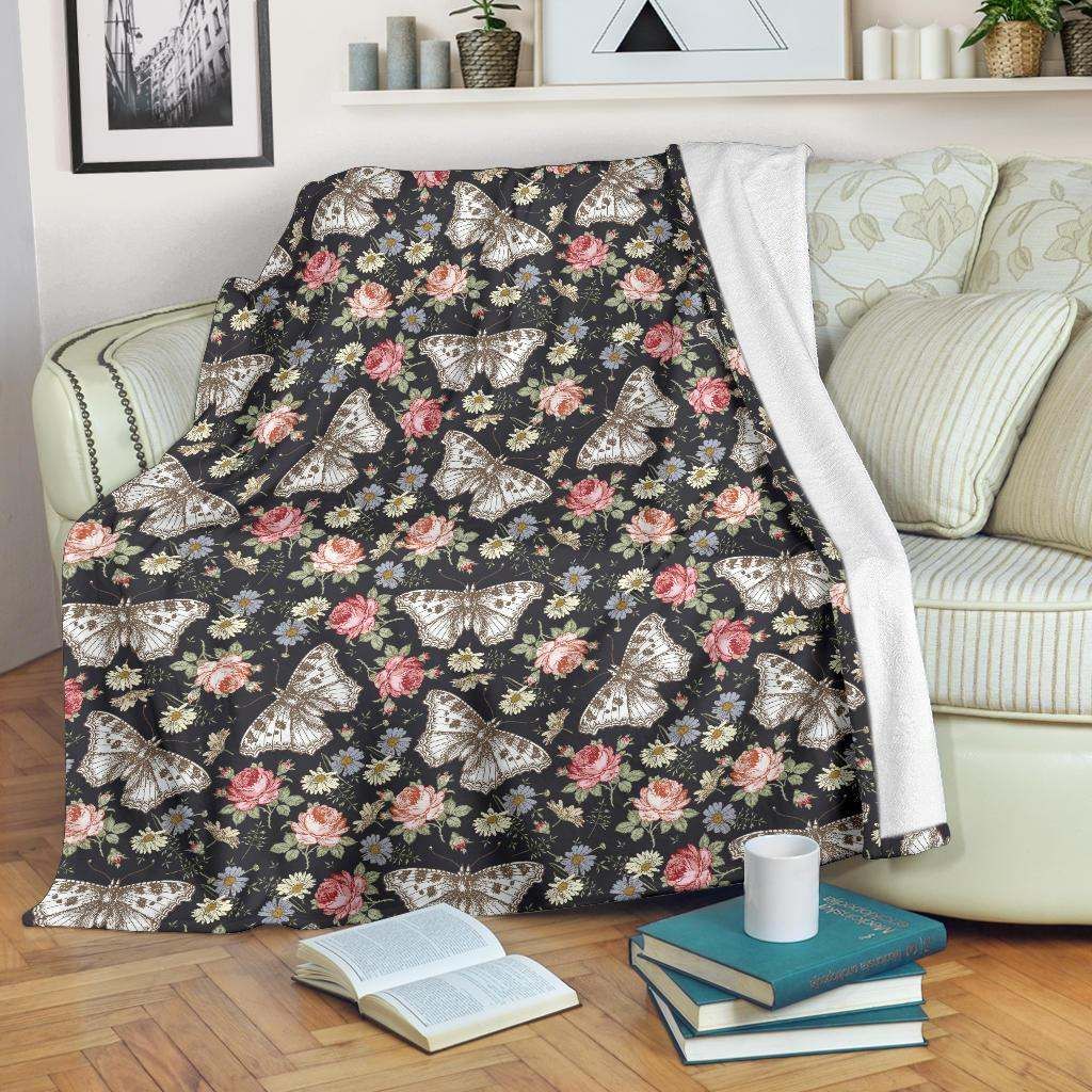 Butterfly Flower Pattern Sherpa Fleece Blanket