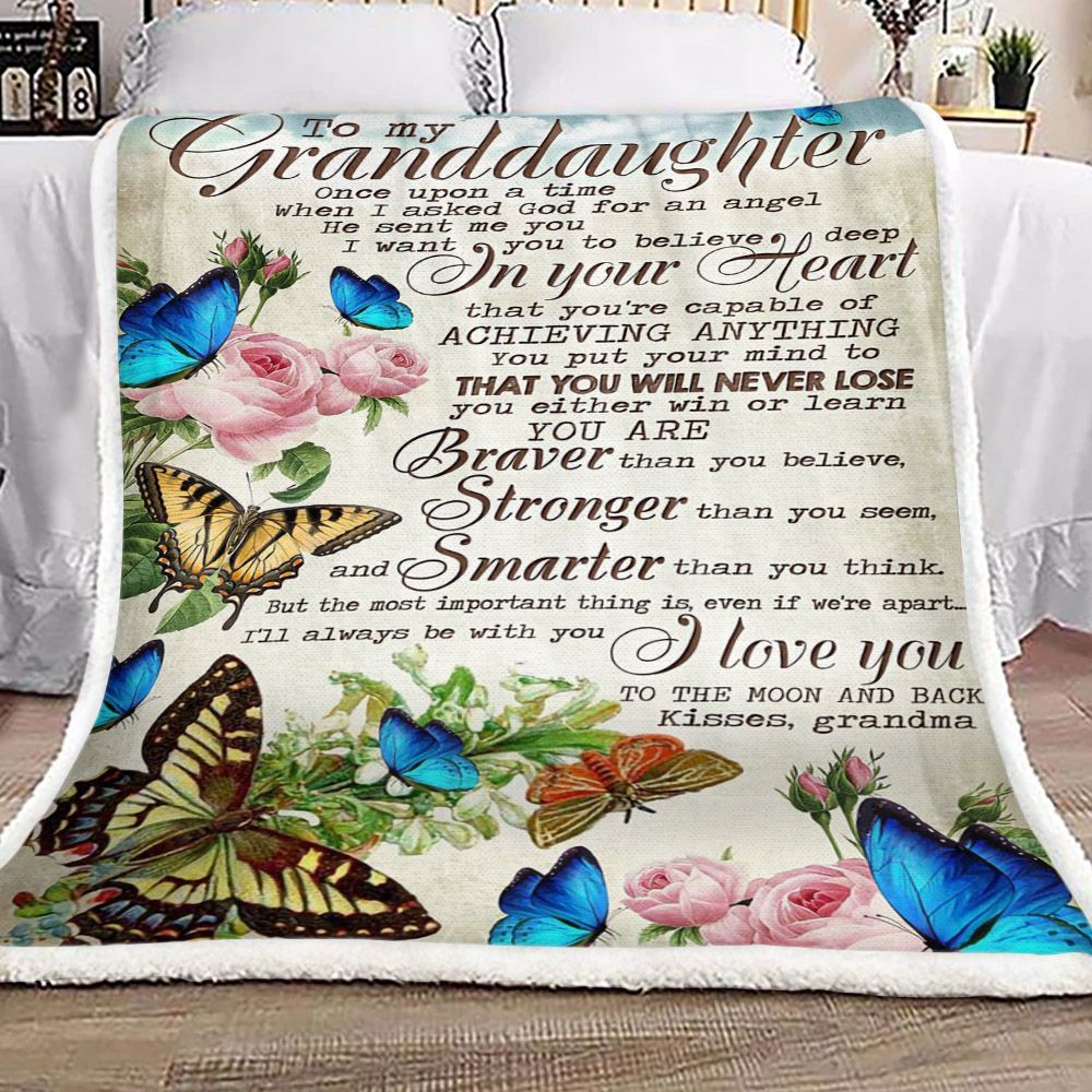 Butterfly Flower To My Granddaughter Kisses Grandma Sherpa Fleece Blanket