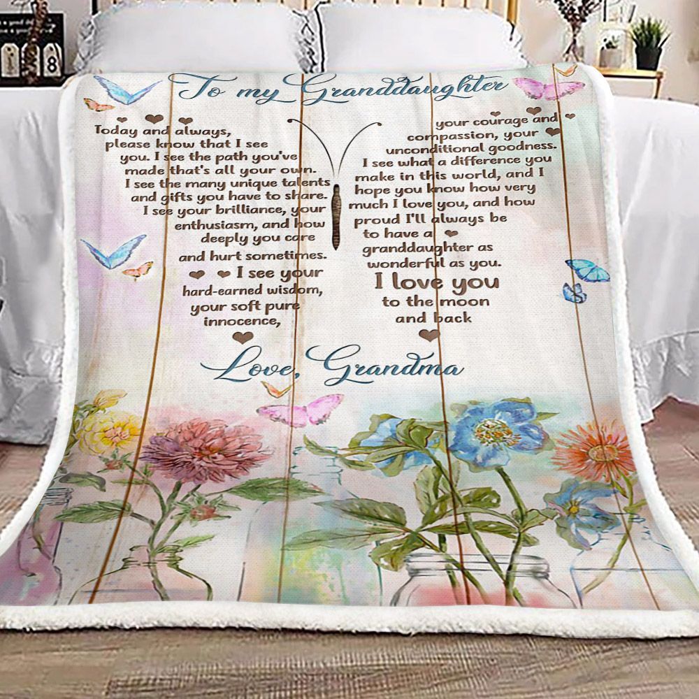 Butterfly Flower To My Granddaughter Love Grandma Sherpa Fleece Blanket