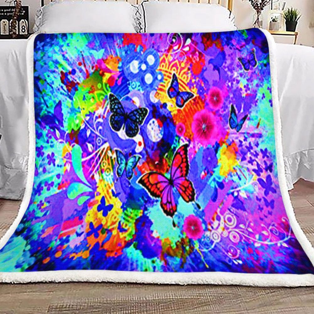 Butterfly Flowers Colors Sherpa Fleece Blanket