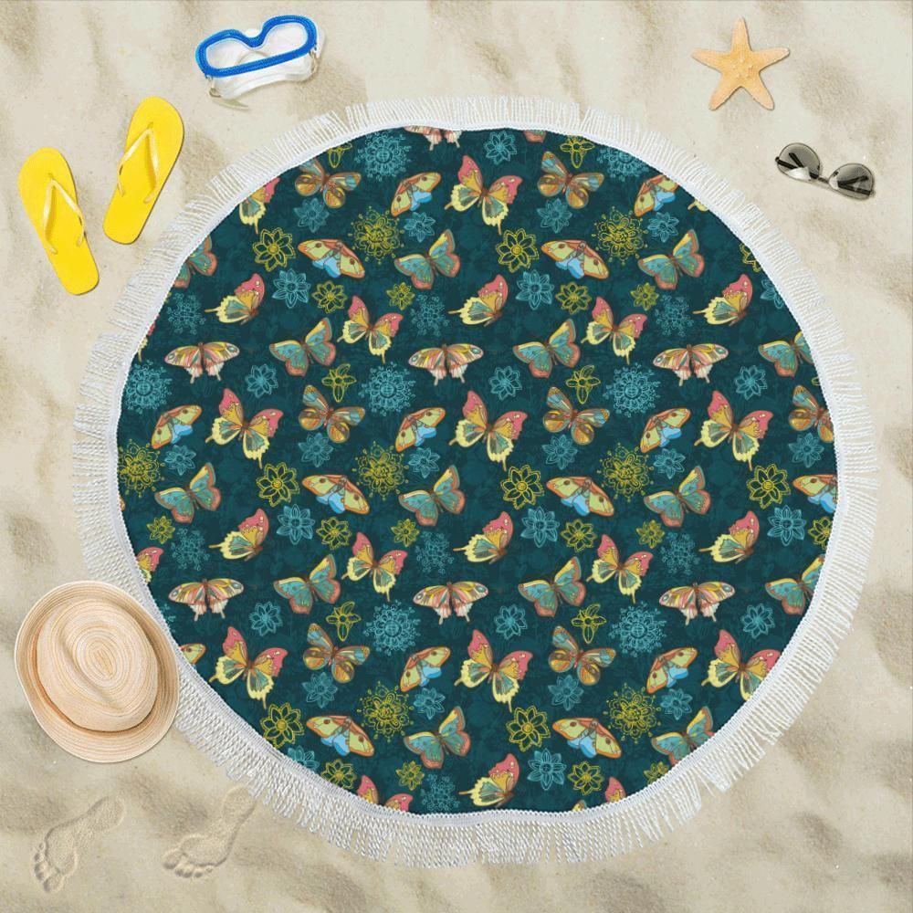 Butterfly Hand Draw Pattern Printed Round Beach Towel