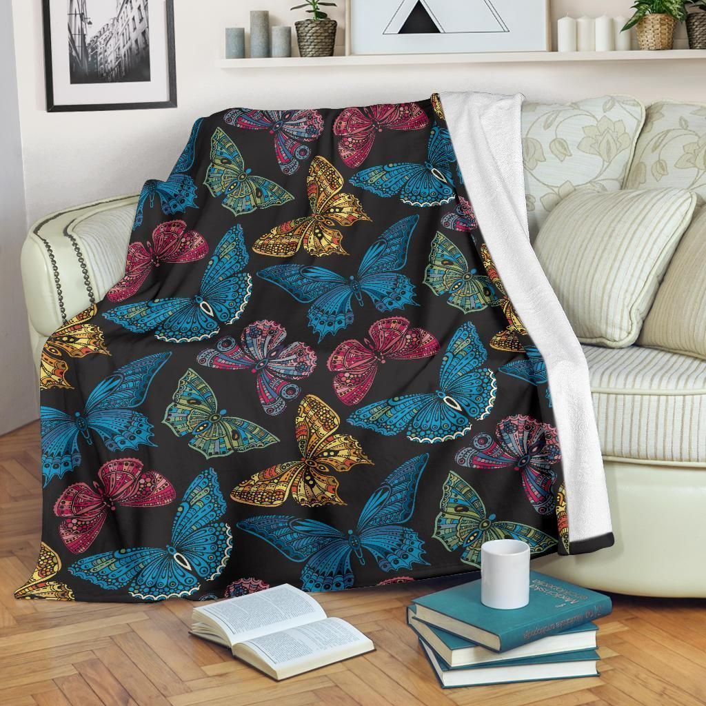 Butterfly Mandala Style Black Soft Fleece Blanket