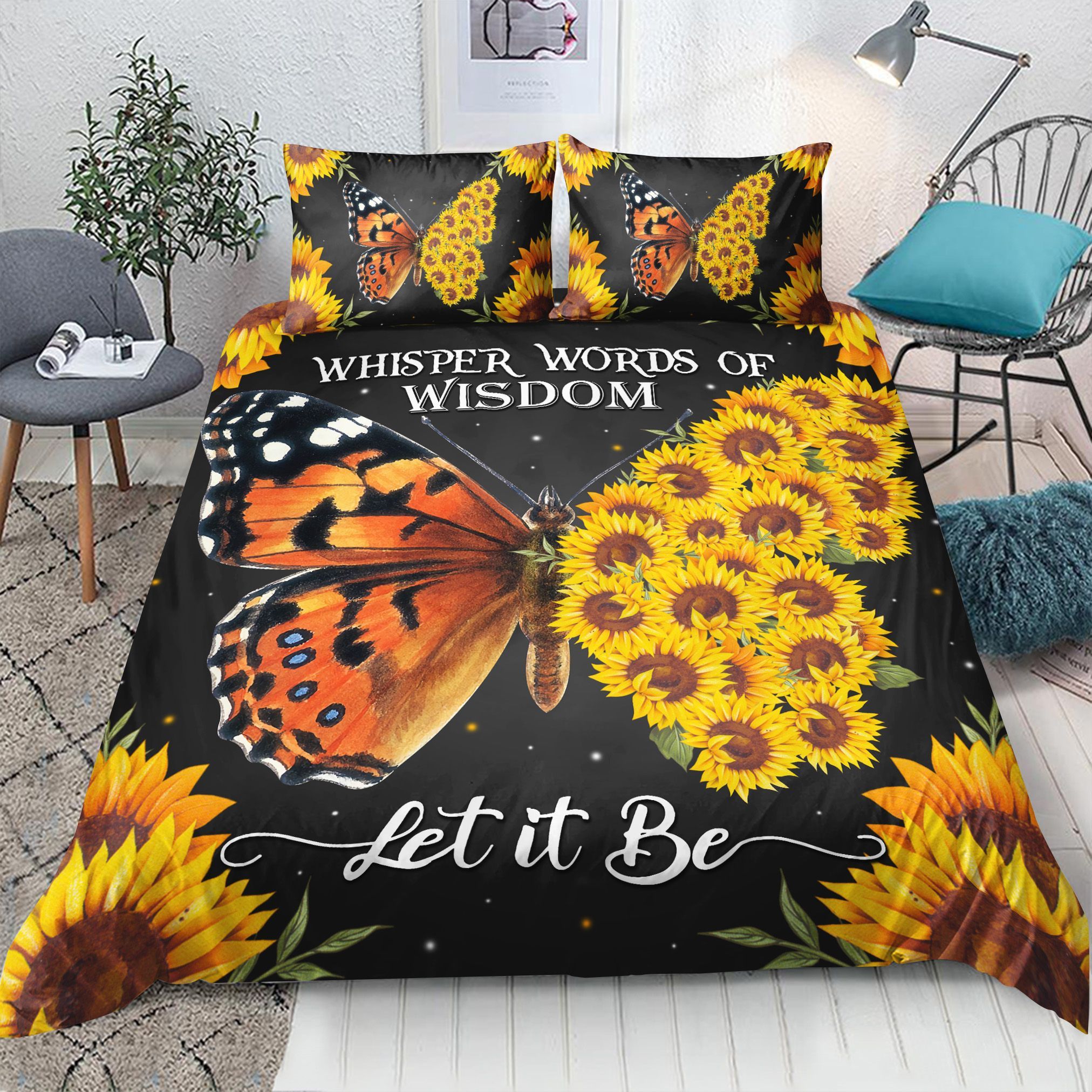 Butterfly Monarch Sunflower Let It Be Bedding Set