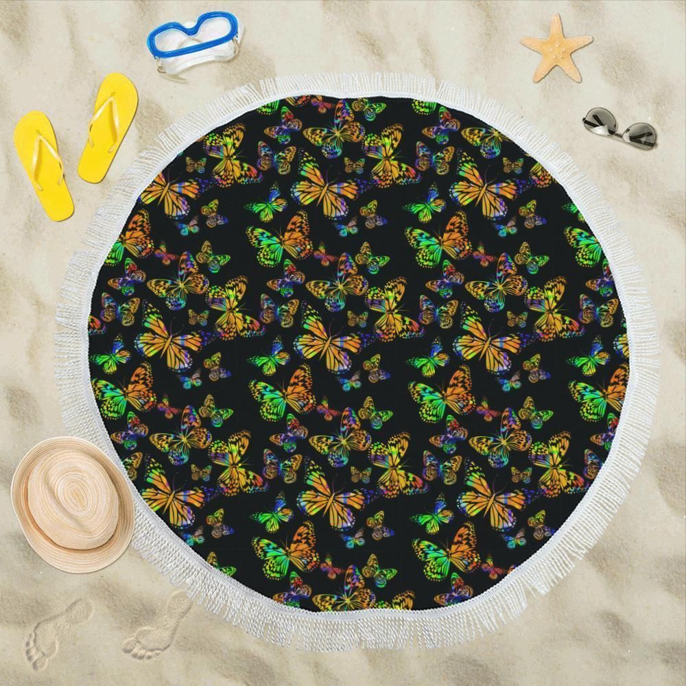 Butterfly Neon Color Print Pattern Round Beach Towel