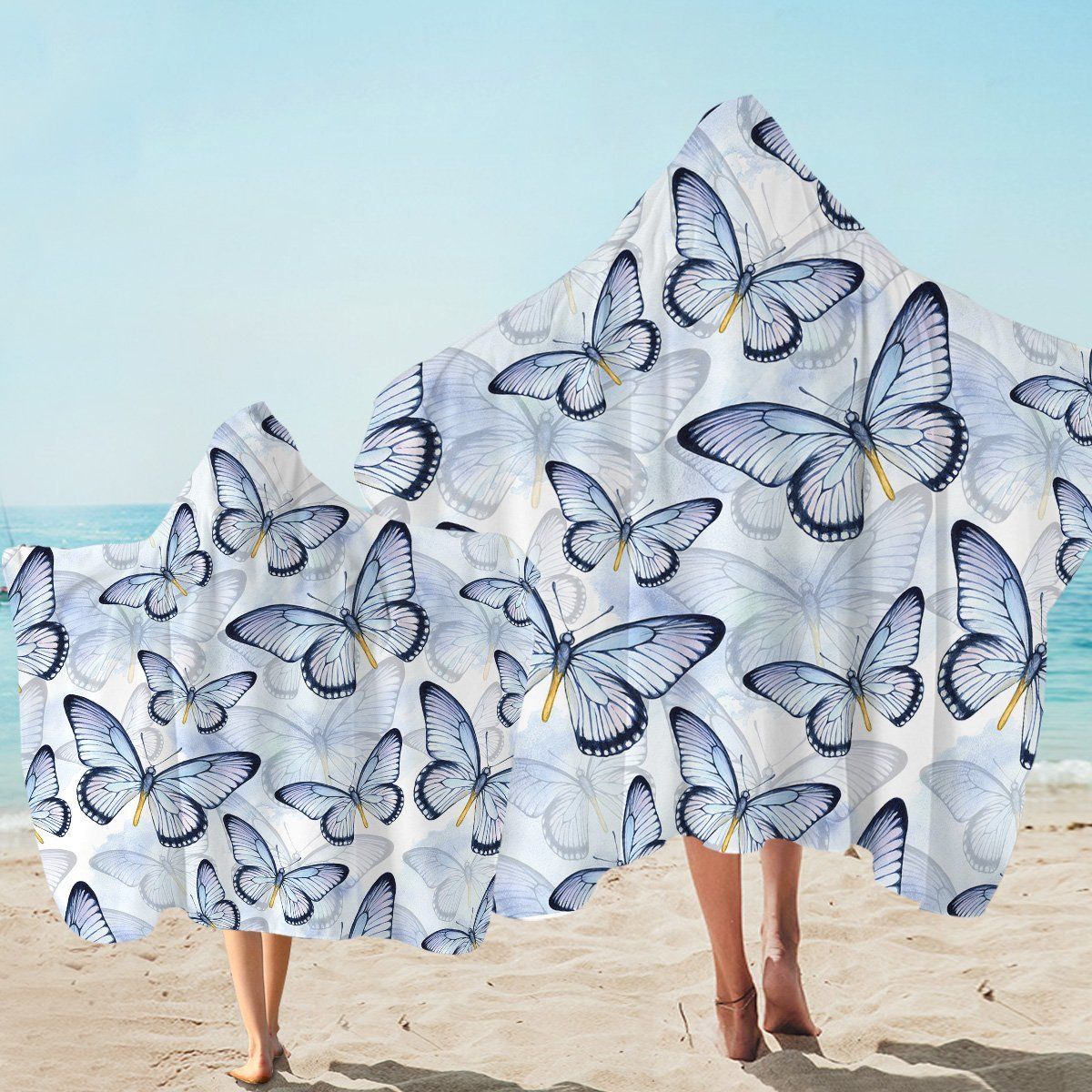 Butterfly Patterns Flying Into Sky Printed Hooded Towel