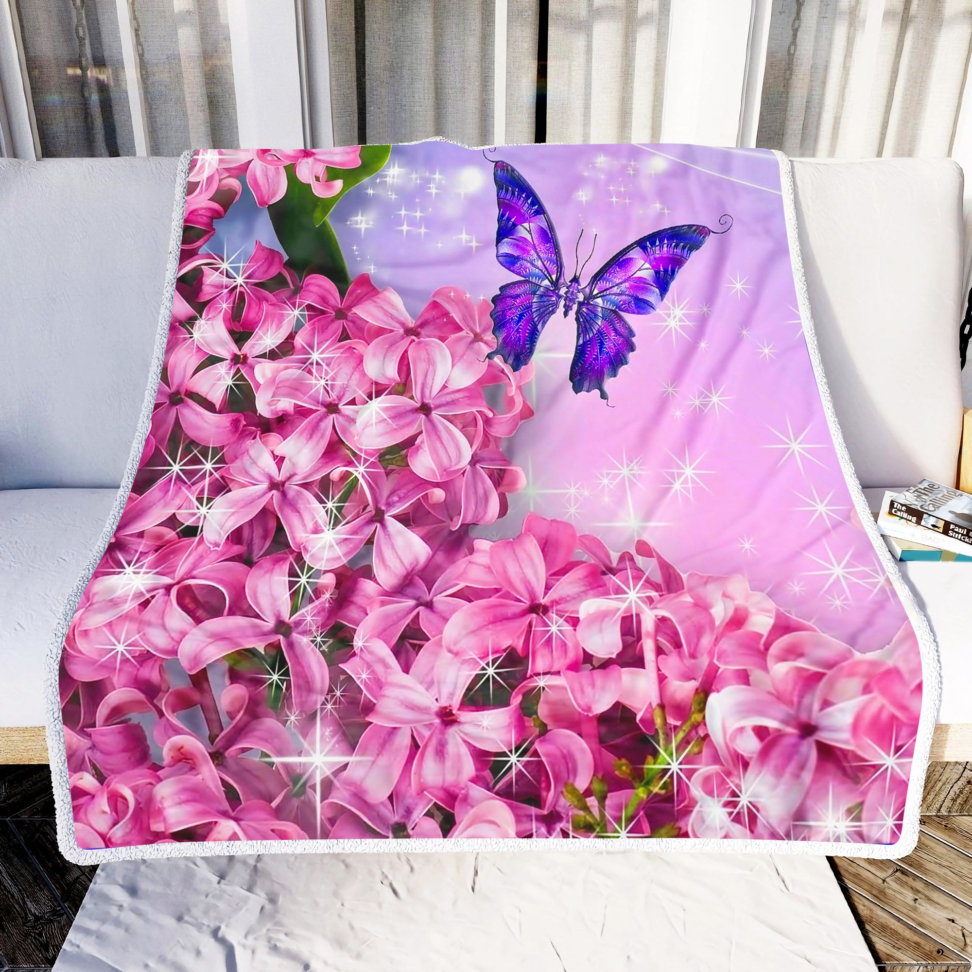Butterfly Pink Flower Fleece Blanket