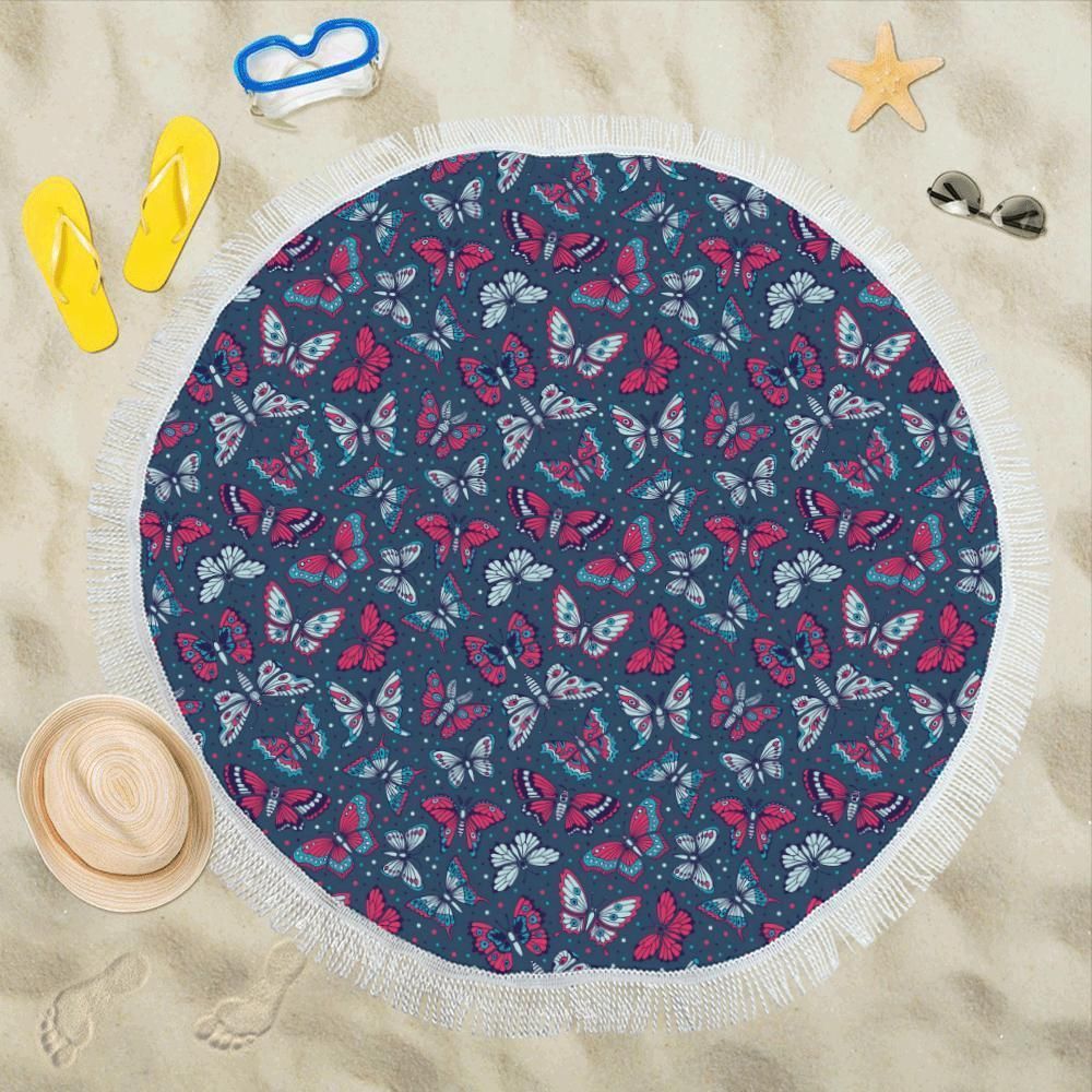 Butterfly Red Deep Blue Print Pattern Round Beach Towel